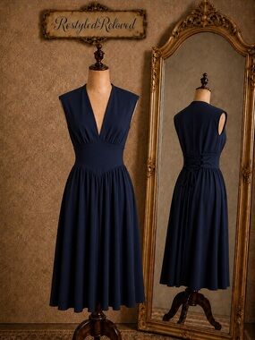 NWT OYS Navy Blue Sleeveless V-Neck Midi Dress | Elegant Fit & Flare